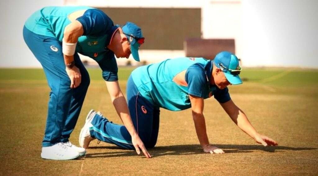 David Warner & Steven Smith having a look at pitch. Pic Credits: Twitter