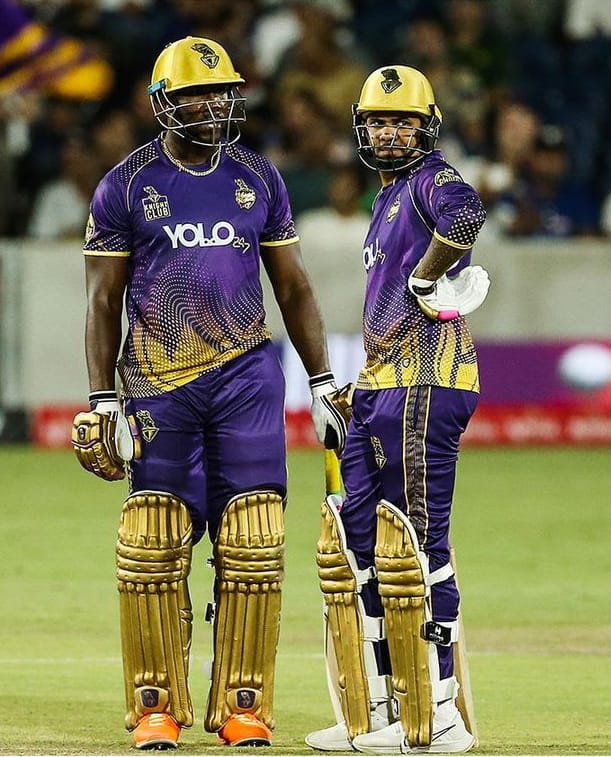 Abu Dhabi Knight Riders. Andre Russell and Sunil Narine Bat Together for LAKR. Pic Credits-Twitter.