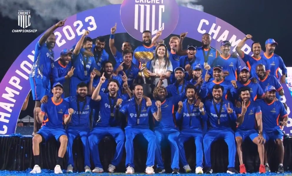 MI NY Celebrate as They Are the Champions of the Inaugural Season of the MLC 2023. PIc Credits-X