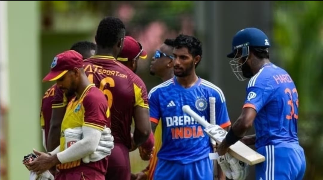 Hardik Pandya and Tilak Verma Sharing Handshakes with the Windies Players. Pic Credits-X