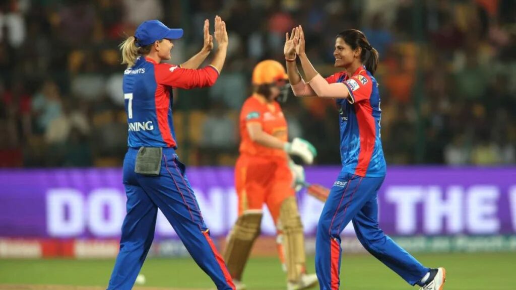 Gujarat Giants vs Delhi Capitals Radha Yadav and Meg Lanning celebrate a wicket PC-X