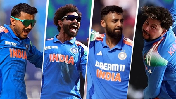 India's Axar Patel, Ravindra Jadeja, Varun Chakravarthy & Ravindra Jadeja. Pic Credits: X