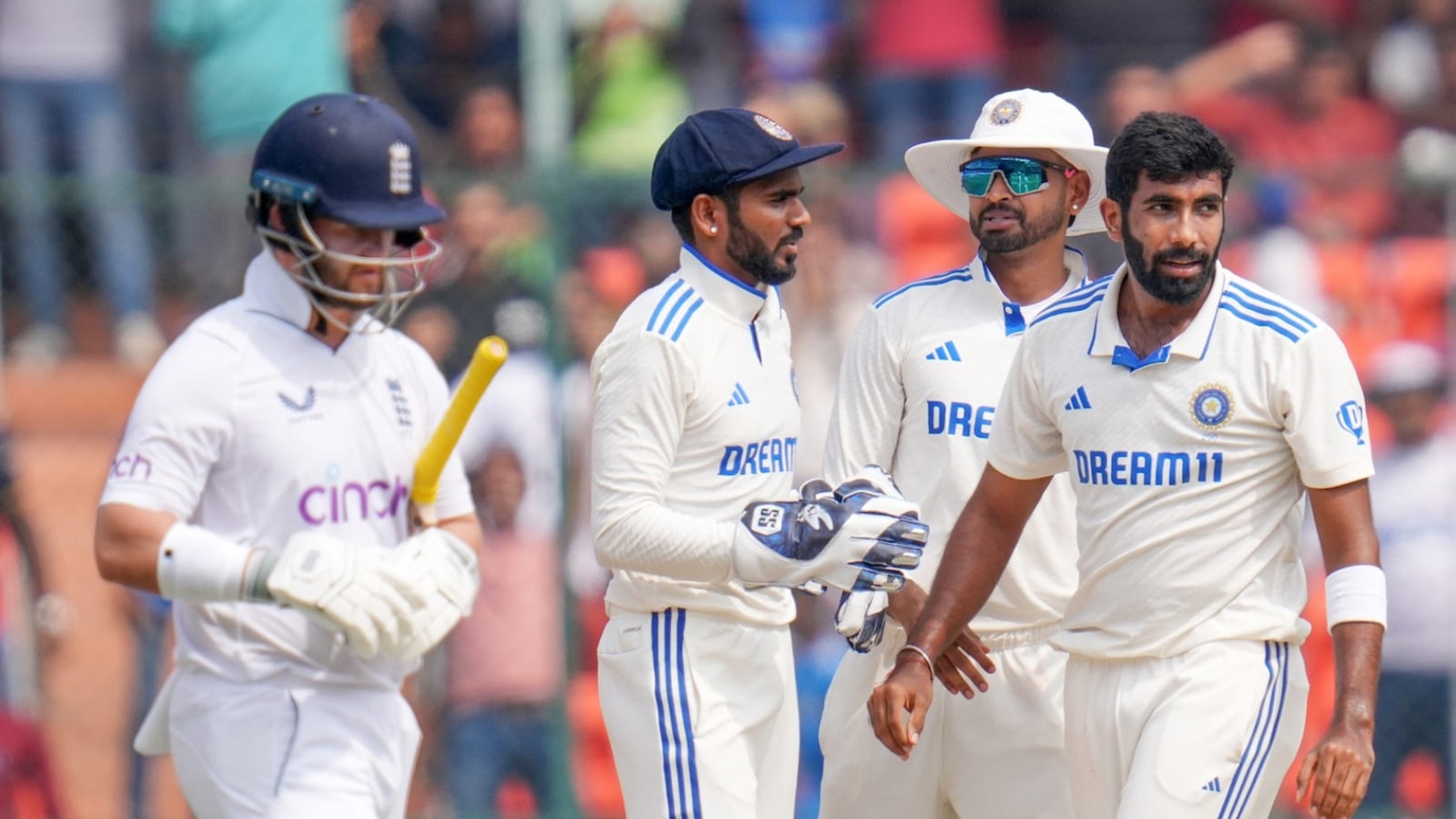 Ben Duckett & Jasprit Bumrah. Pic Credits: X