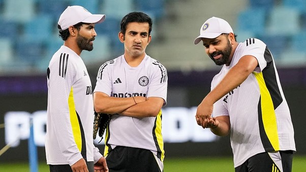 Rohit Sharma, Gautam Gambhir & Ravindra Jadeja. Pic Credits: X