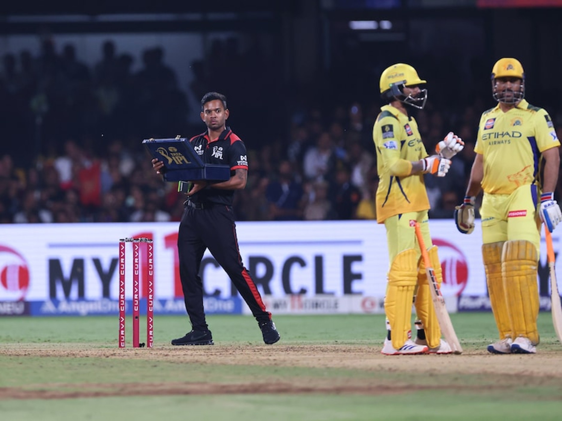 CSK batters' MS Dhoni & Ravindra Jadeja. Pic Credits: X