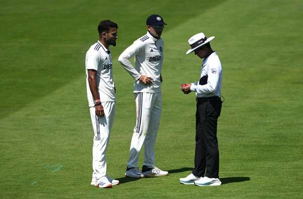 Shubman Gill & Akash Deep & Umpire With Dukes Ball. Pic Credits: Getty Images