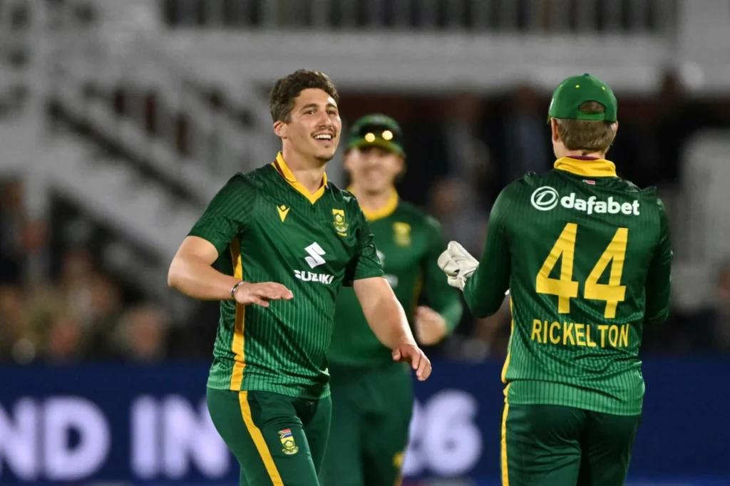 Nandre Burger celebrates a crucial wicket during South Africa's thrilling 5-run victory over England in the 2nd ODI at Lord's on September 4, 2025. Image Credits: Getty Images