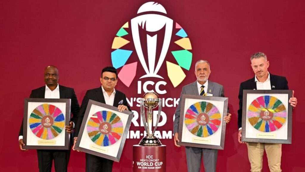 [L to R] Tavengwa Mukuhlani, chairman of Zimbabwe Cricket, Jay Shah, ICC chairman, Rihan Richards, president of Cricket South Africa, and Rudie van Vuuren, president of Namibia Cricket, launch the 2027 ODI World Cup. Pic Credits: Getty Images