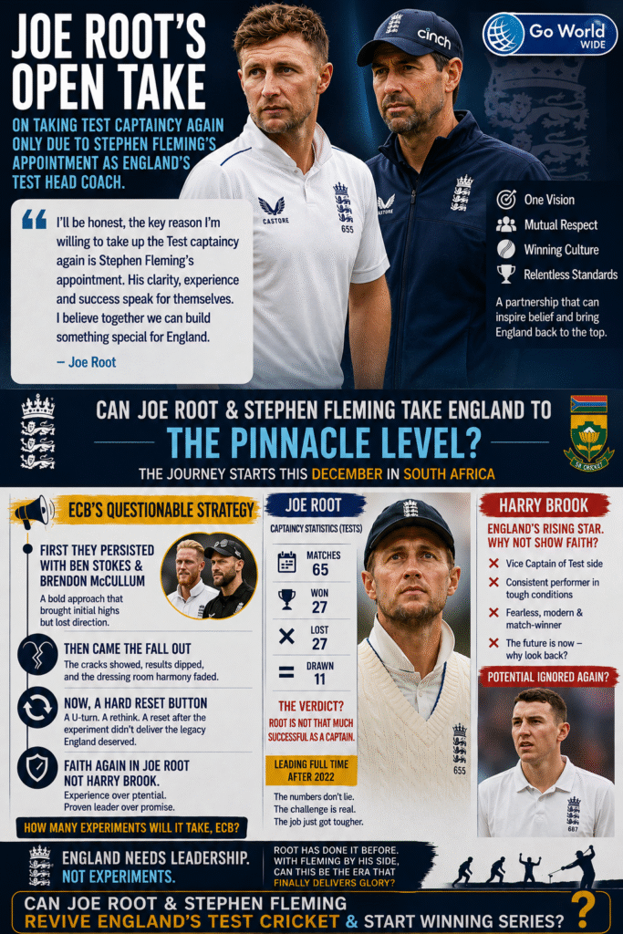 Joe Root, Stephen Fleming & Harry Brook. Pic Credits: ICC
