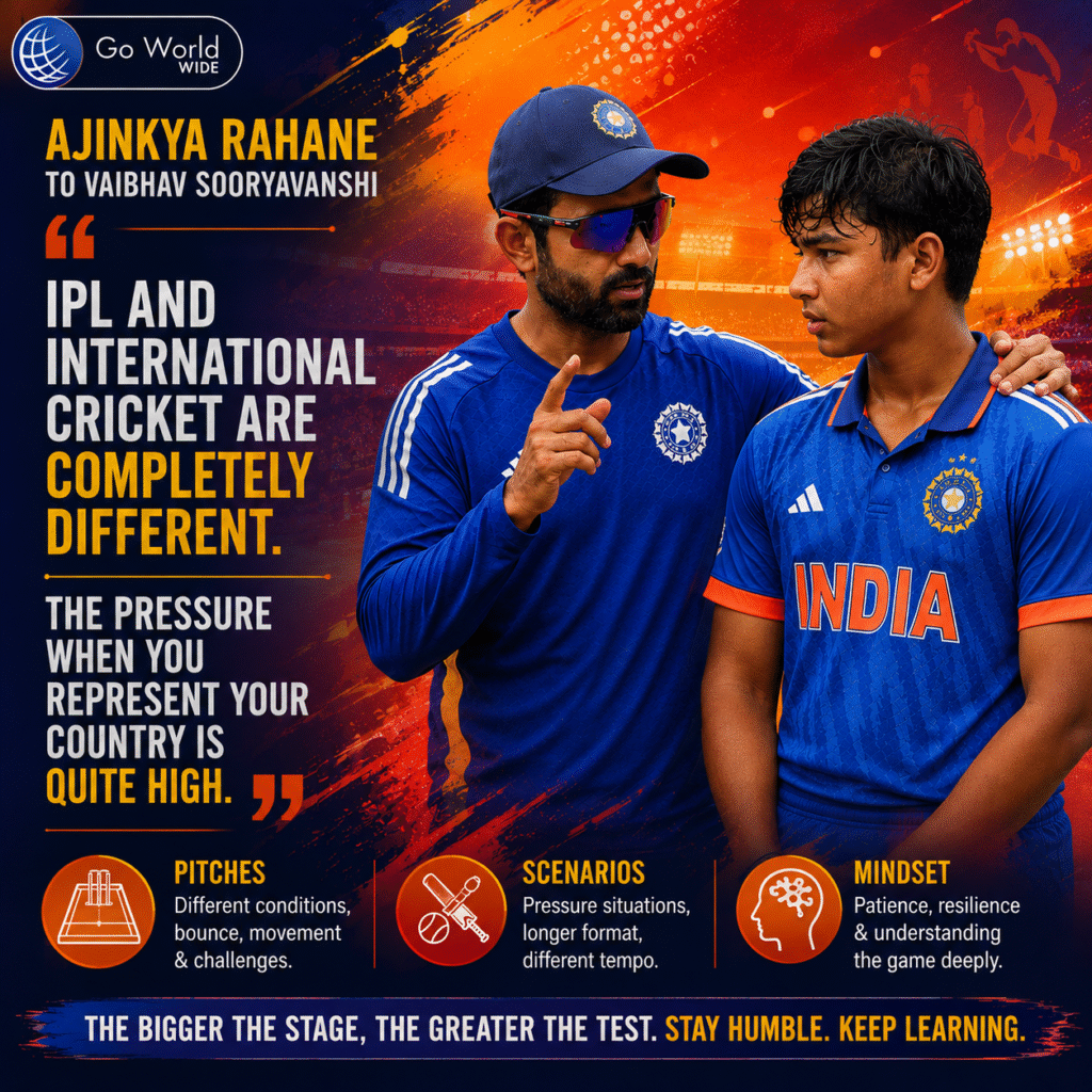 Ajinkya Rahane giving tips to Vaibhav Sooryavanshi. Pic Credits: X