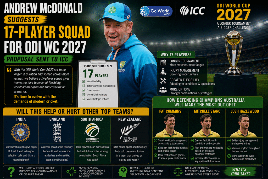 Andrew McDonald's suggestion of having big squads for ODI WC 2027. Pic Credits: X