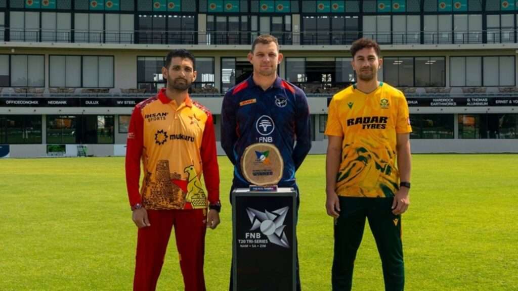 Zimbabwe's skipper Sikandar Raza, Namibia's captain Gerhard Erasmys & South Africa's skipper Bjorn Fortuin. Pic Credits: Namibia Cricket